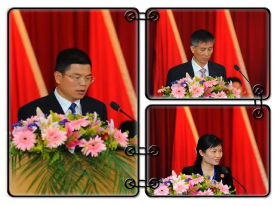 左圖：惠陽(yáng)區(qū)委常委、紀(jì)委書(shū)記余漢平講話。右上圖：惠州市僑聯(lián)主席葉創(chuàng)在開(kāi)幕式上致辭。右下圖：惠陽(yáng)區(qū)僑聯(lián)主席蔡敏兒作工作報(bào)告。